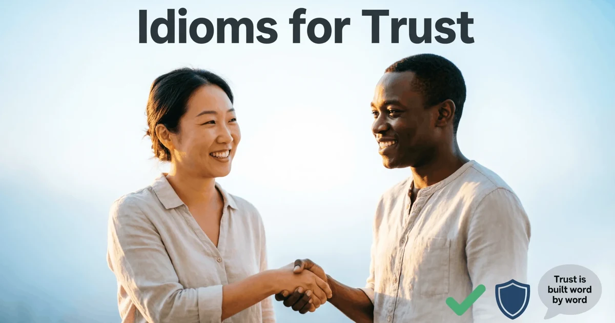 Two people shaking hands with text Idioms for Trust, showing honesty, support, and reliability.