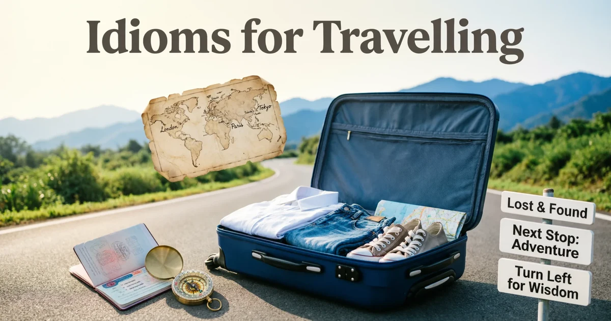 Idioms for travelling with suitcase, map, compass, and scenic road for English learners.