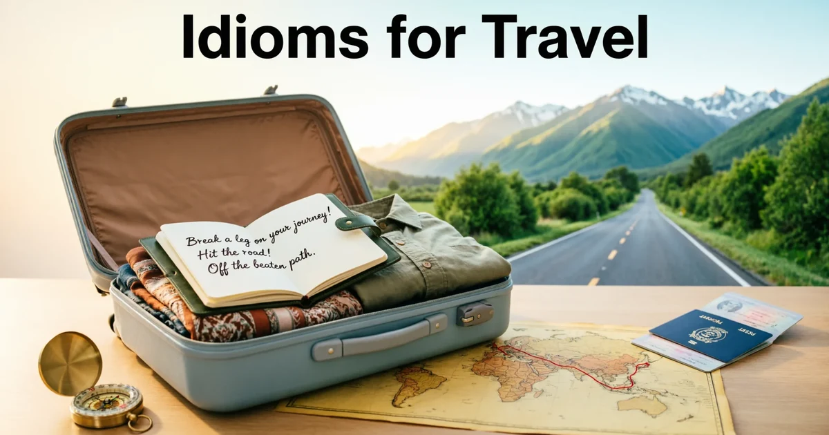 Idioms for travel with suitcase, map, notebook, passport, and scenic road for English learners.