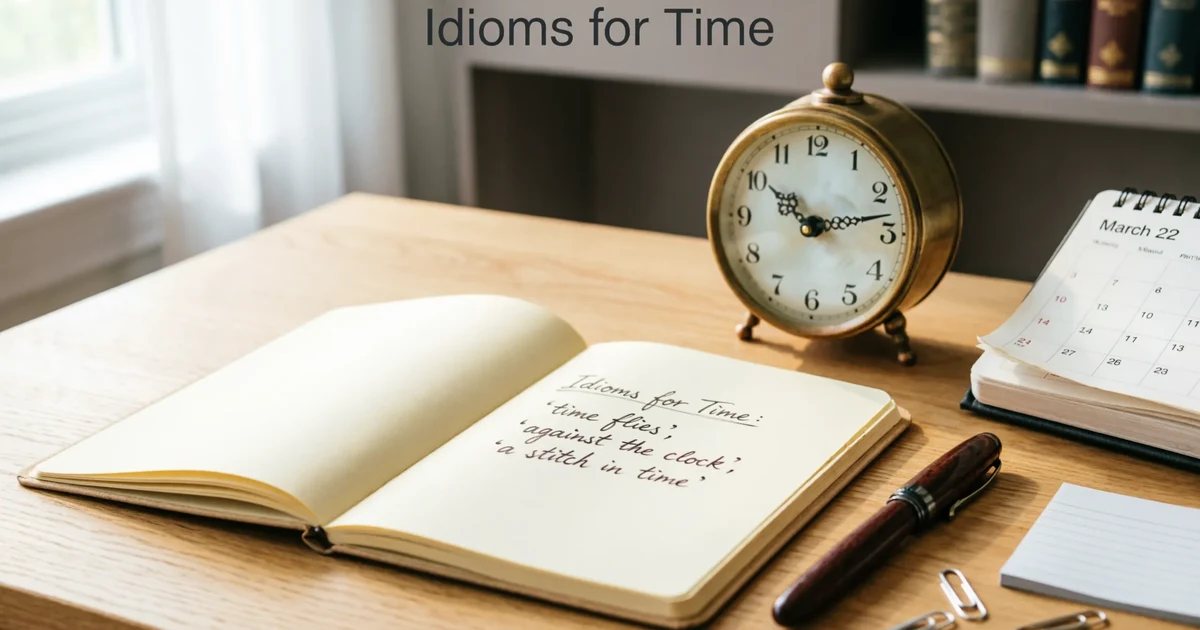 Idioms for time with clock, notebook, and calendar for English learners.