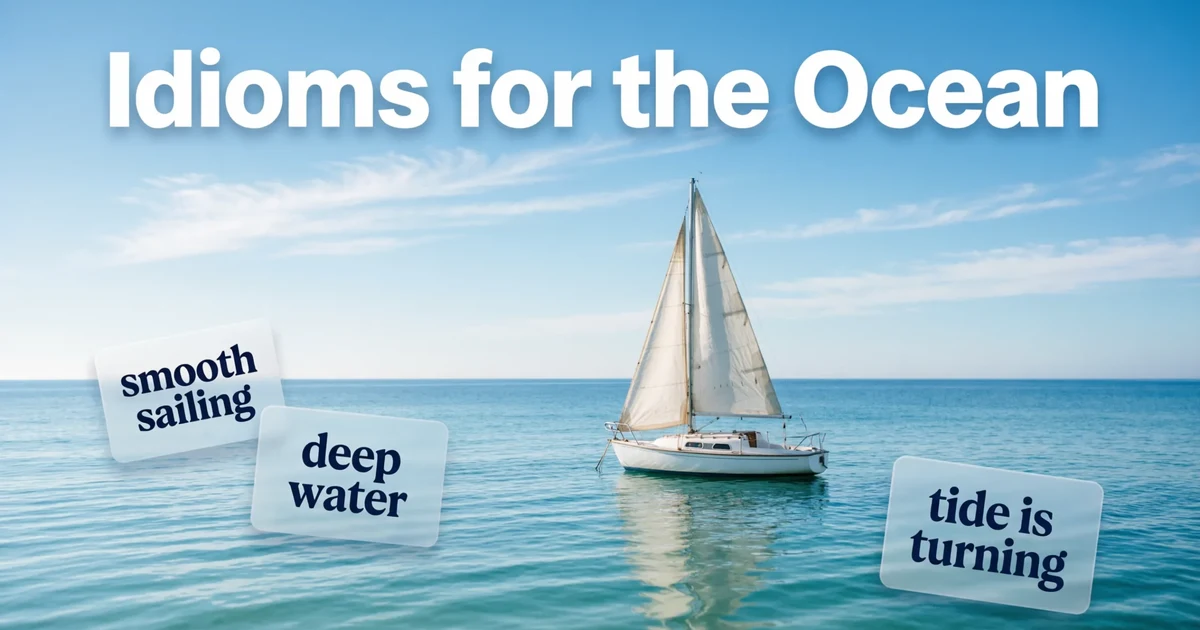 Idioms for the ocean shown with calm waves, a sailboat, and phrase cards for English learners.