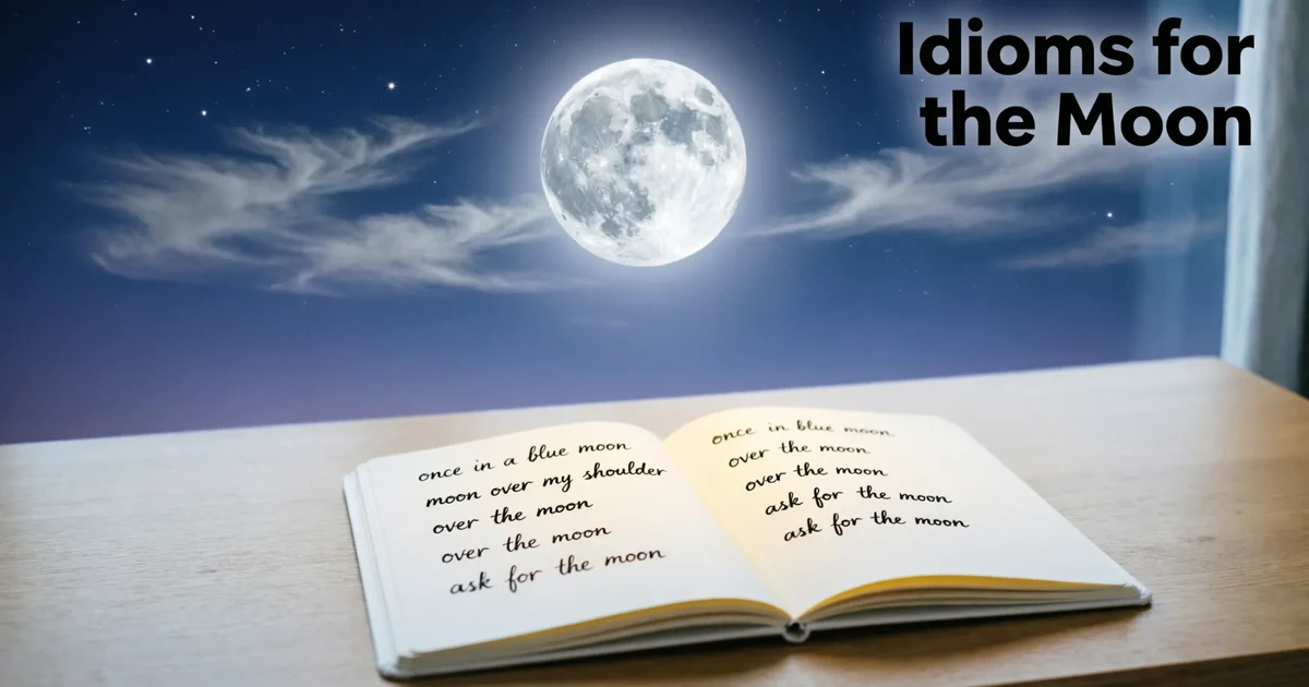 Idioms for the moon shown with a moonlit sky, notebook, and English learning theme.