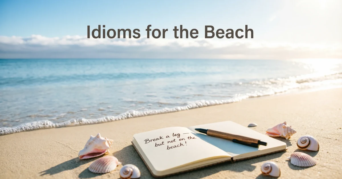 Idioms for the beach with ocean waves, sand, seashells, and a writing notebook for English learners.