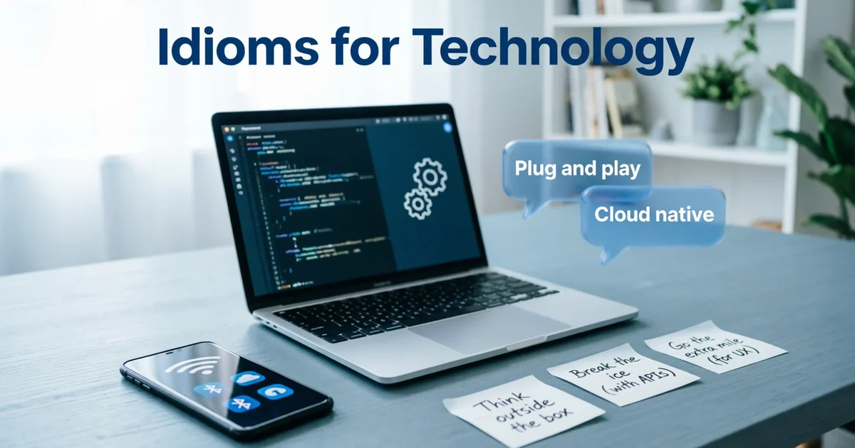 Idioms for technology with laptop, phone, digital icons, and English learning notes.