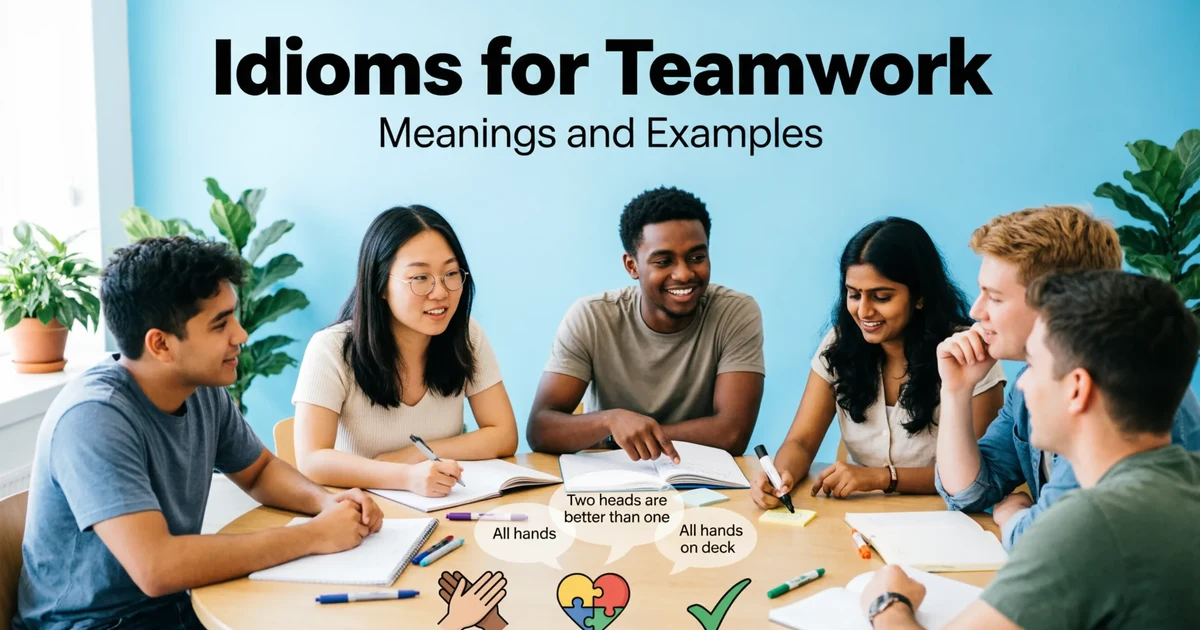 Students working together with text Idioms for Teamwork, showing cooperation, examples, and English learning.