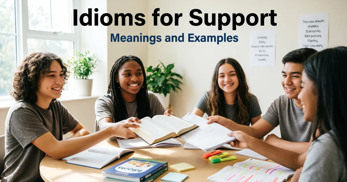 Students helping each other while learning idioms for support with meanings and examples.