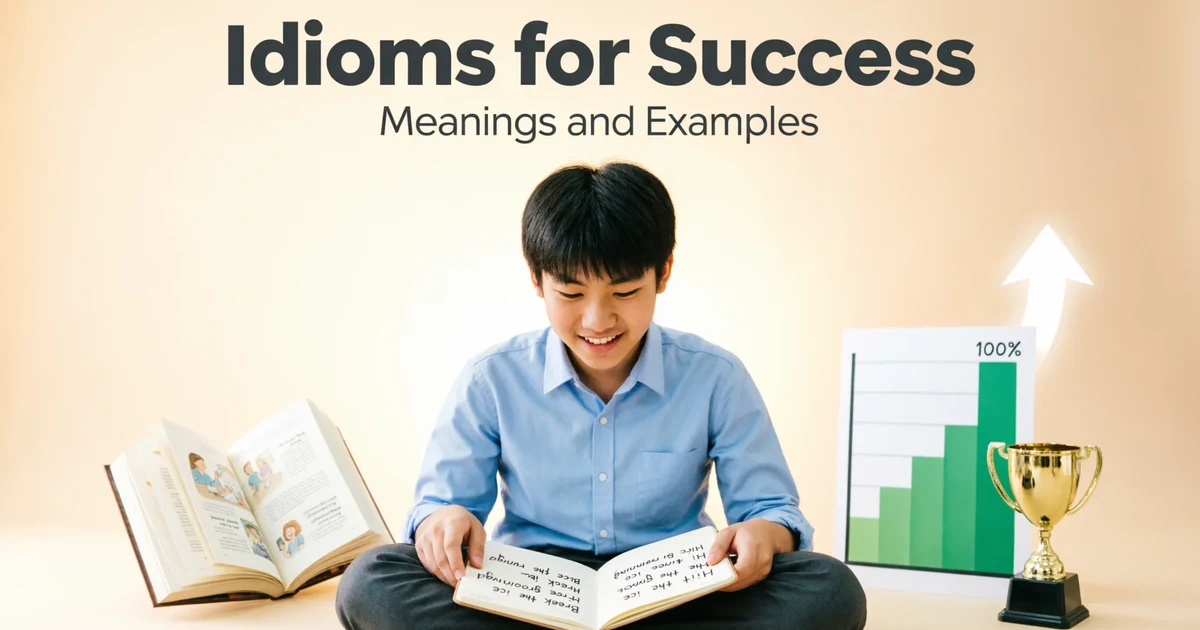 Idioms for success with meanings and examples, showing a student, notebook, trophy, goal chart, and upward arrow.