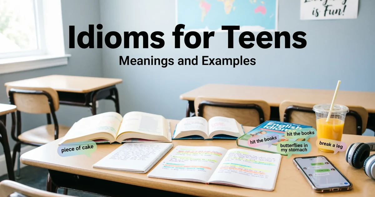 Idioms for teens with meanings and examples for students, writers, and ESL learners.