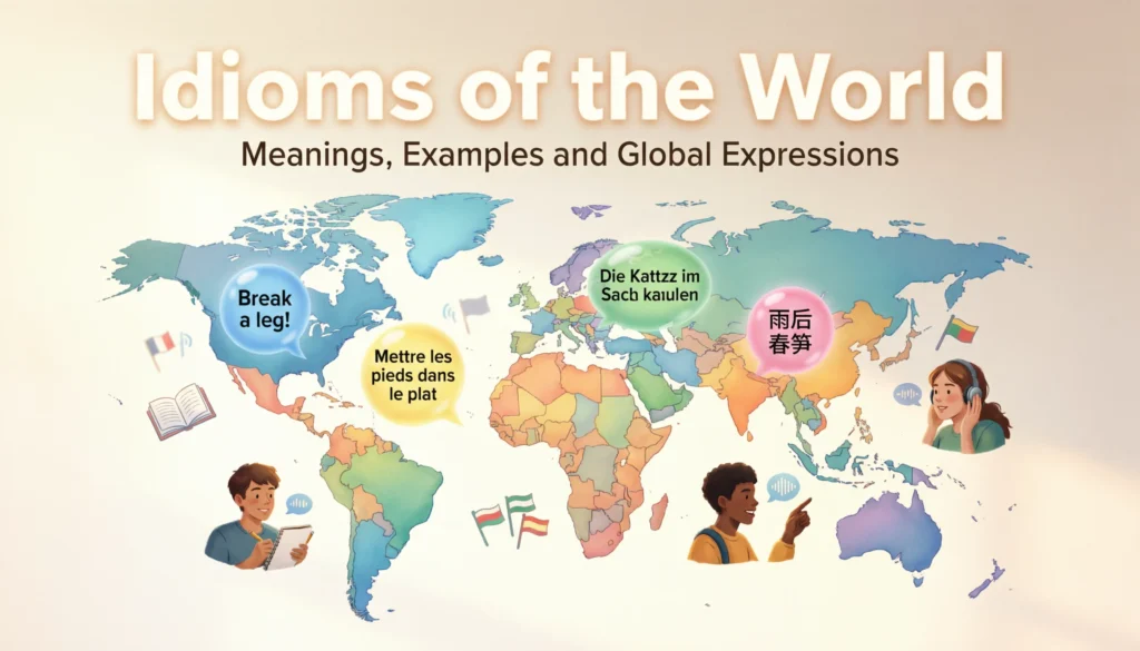 Idioms of the world with global expressions, meanings, and examples for ESL learners.