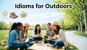 Students learning idioms for outdoors in a sunny park with notebooks and nature around them.