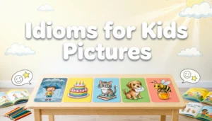 Idioms for kids pictures with colorful cards, simple meanings, and fun English examples for young learners.