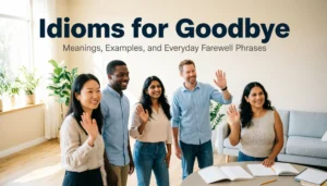 Idioms for goodbye with farewell expressions, meanings, and examples for students and ESL learners.