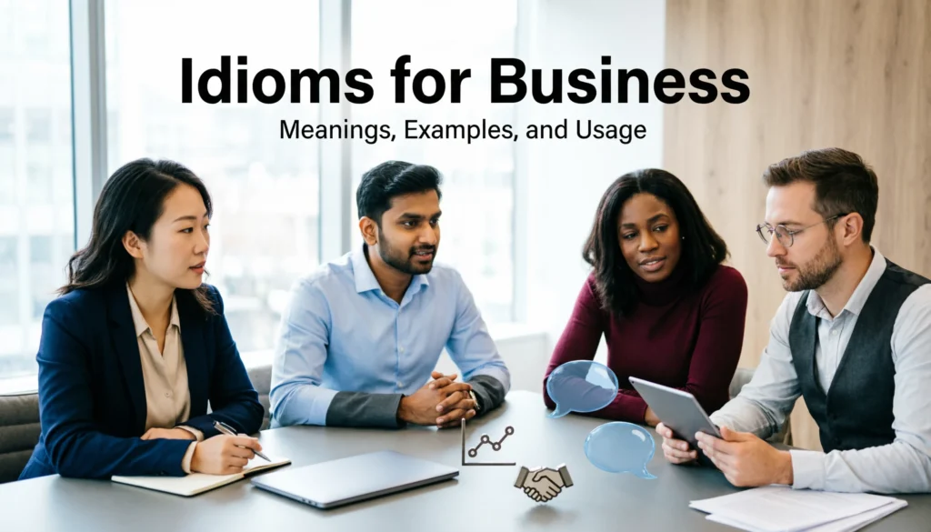 Idioms for business with meanings and examples for students, writers, and ESL learners.