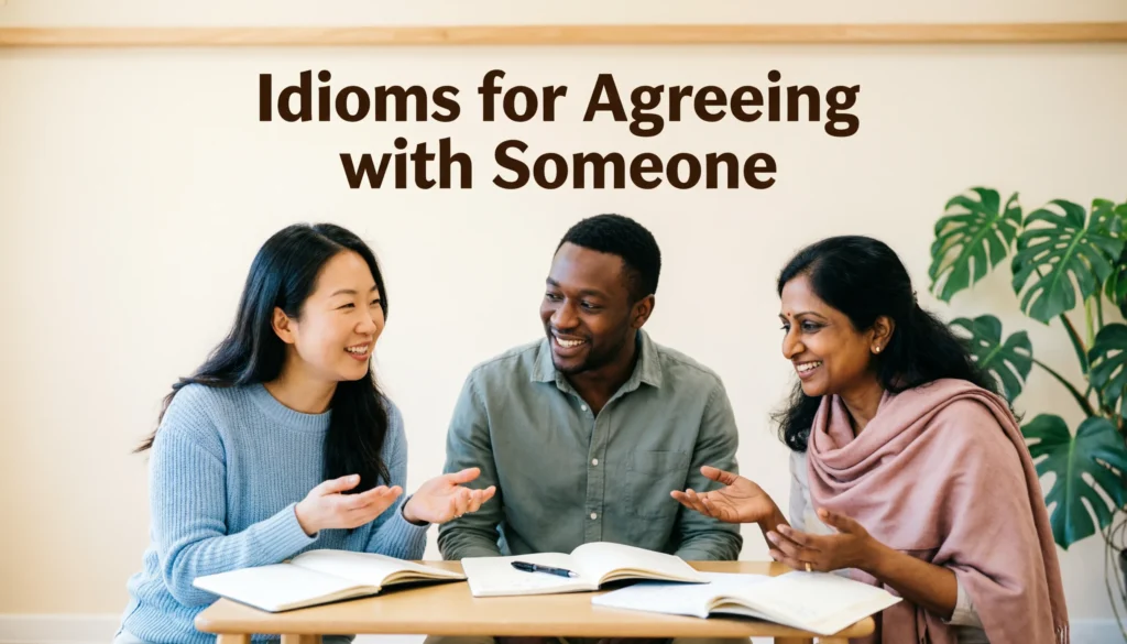People in conversation showing idioms for agreeing with someone through friendly discussion.