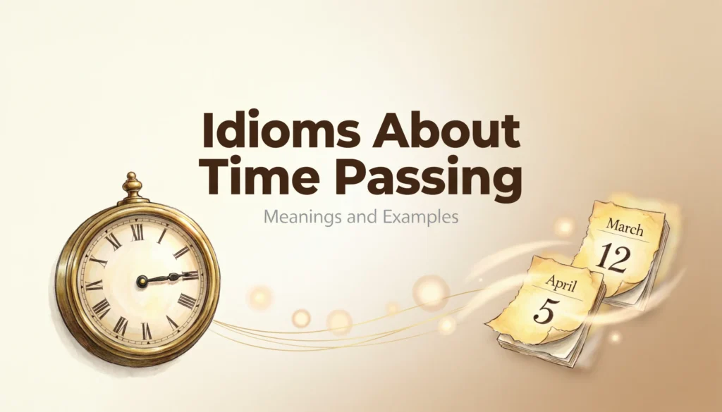 Idioms about time passing with clock and calendar showing meanings and examples for English learners.