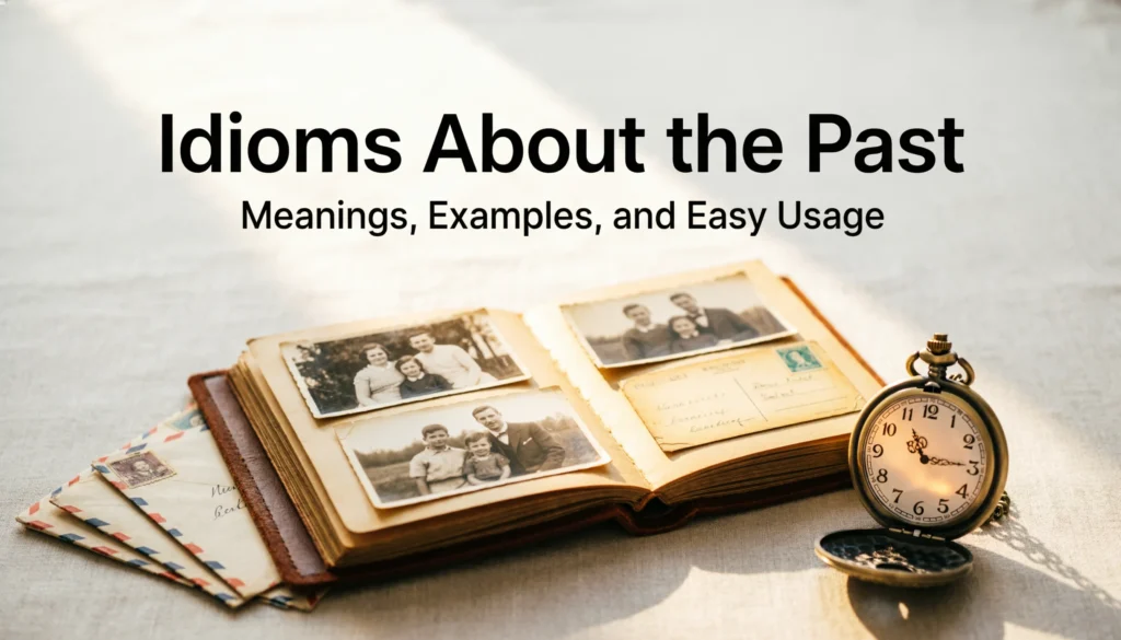 Idioms about the past with old photos, letters, and a clock showing memories and past expressions.