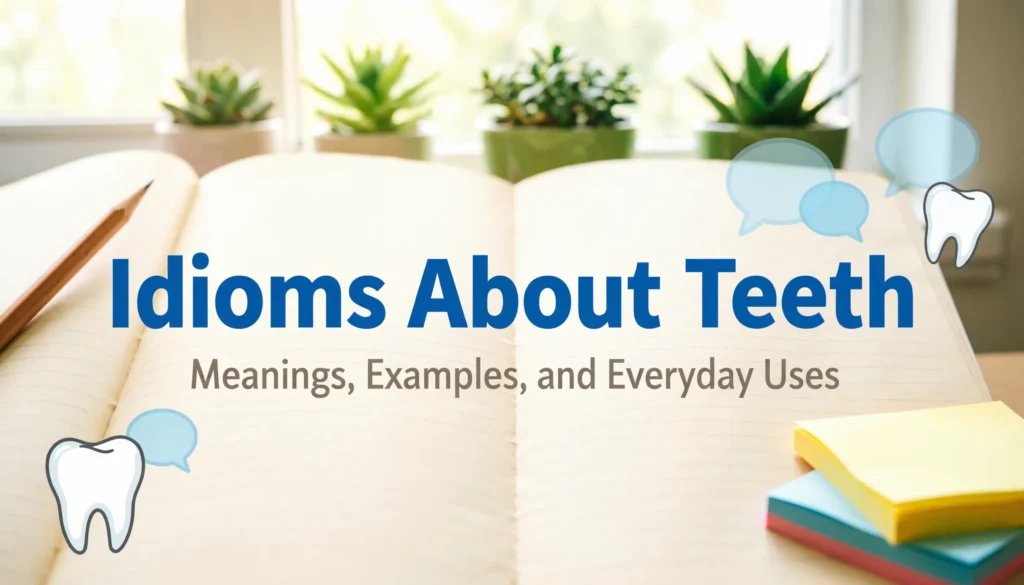 Idioms about teeth meanings and examples for students and ESL learners.