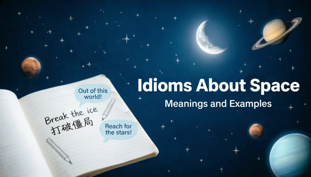 Idioms about space with stars, moon, planets, and language learning notes for students and ESL learners.