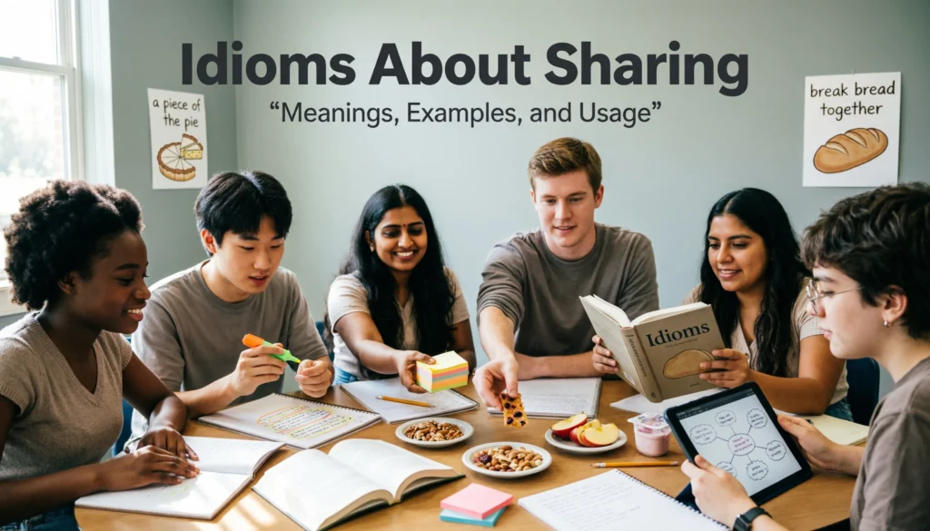 Students sharing ideas and notes for an article about idioms about sharing.
