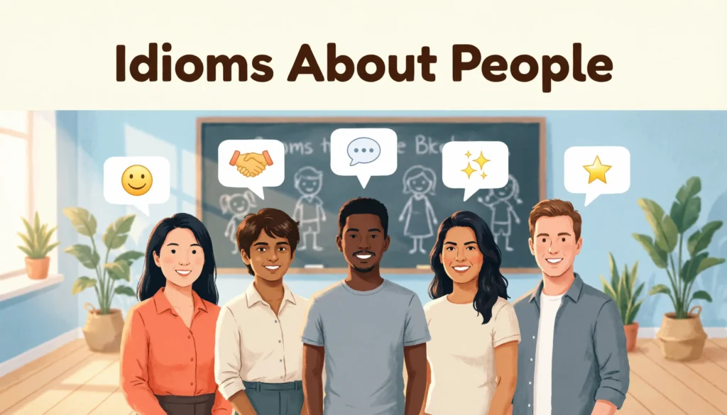 Idioms about people with meanings and examples for students, writers, and ESL learners.