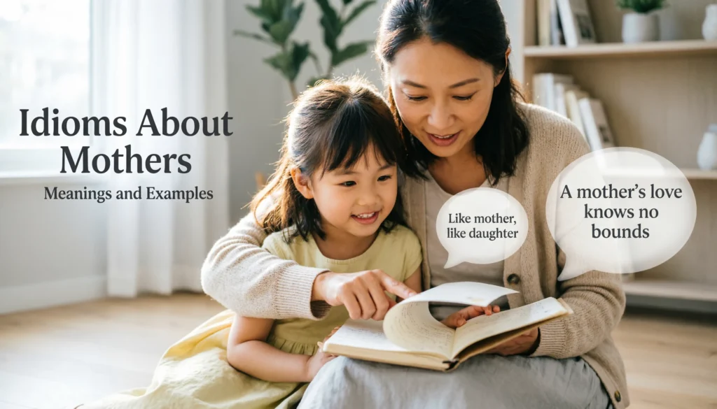 Idioms about mothers with meanings and examples for students and ESL learners.