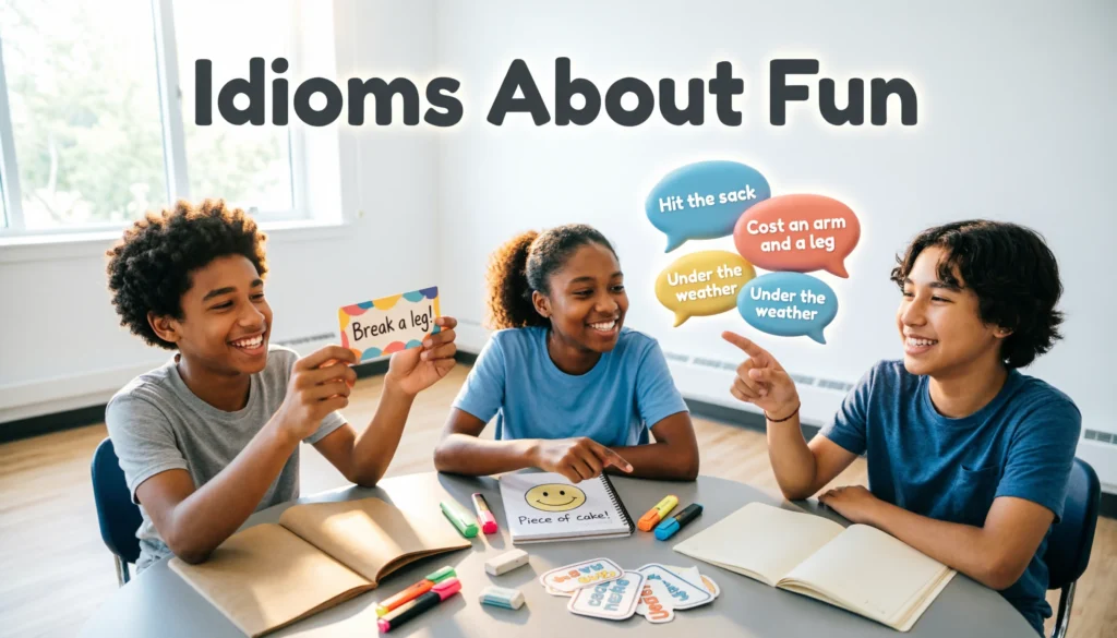 Students laughing and learning idioms about fun with colorful speech bubbles and example cards.
