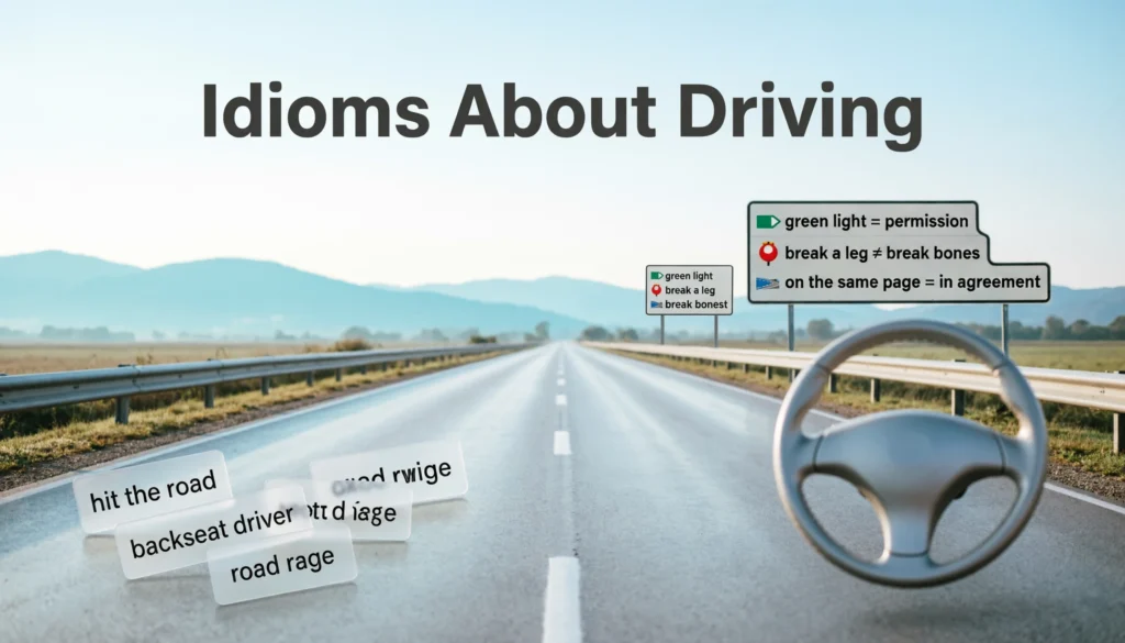 Idioms about driving explained with road signs, a steering wheel, and English learning phrase cards.