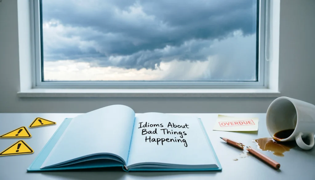 Idioms about bad things happening shown with a notebook, warning signs, dark clouds, and problem symbols.