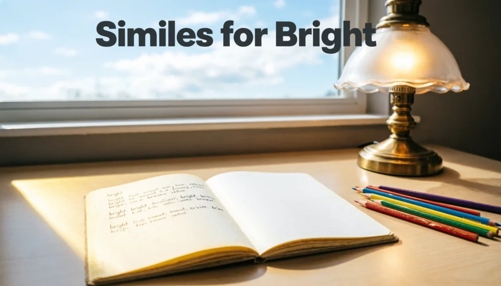 Similes for bright shown with a sunny writing desk, open notebook, glowing light, and colorful pencils.
