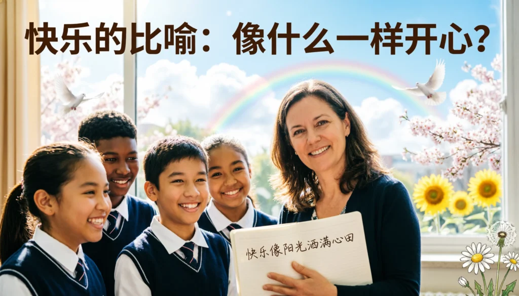 Similes for being happy with cheerful students, sunlight, birds, flowers, and a rainbow.