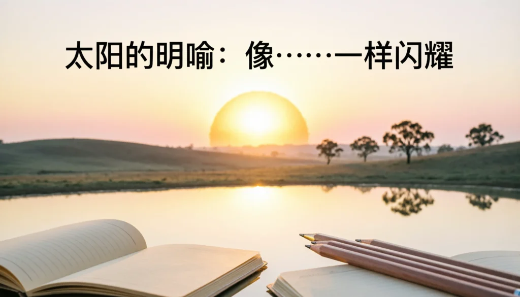 Similes about the sun with golden sunrise, writing notebook, and warm sunlight for students and ESL learners.