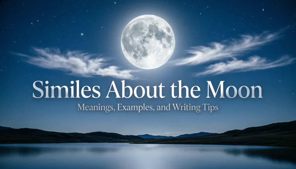 Similes about the moon with a glowing full moon, night sky, and writing examples for students and writers.