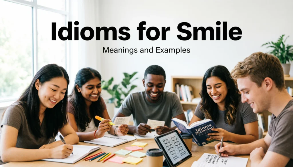 Students learning idioms for smile with examples in a bright classroom setting