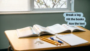 Idioms for school with books, notebooks, pencils, and classroom learning expressions.