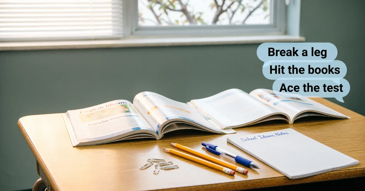 Idioms for school with books, notebooks, pencils, and classroom learning expressions.