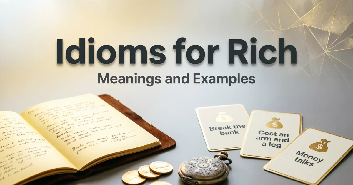 Idioms for rich with meanings and examples for students, writers, and ESL learners.