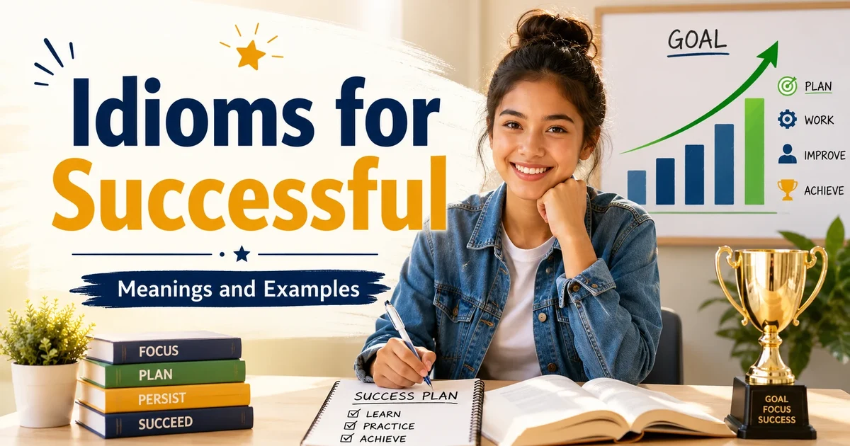 Idioms for successful with examples, meanings, goal chart, trophy, notebook, and student learning English.
